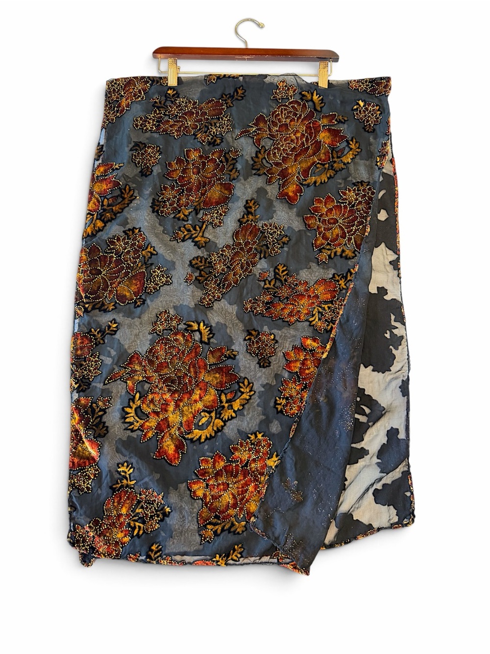 Velvet burnout floral shawl black and orange, sparkle details outline, 66"x21.5"
